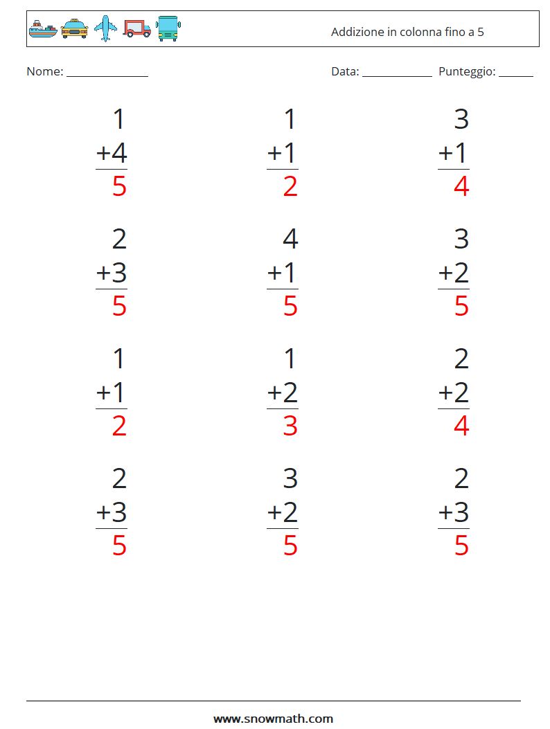 (12) Addizione in colonna fino a 5 Fogli di lavoro di matematica 7 Domanda, Risposta