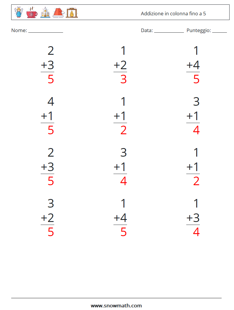 (12) Addizione in colonna fino a 5 Fogli di lavoro di matematica 9 Domanda, Risposta