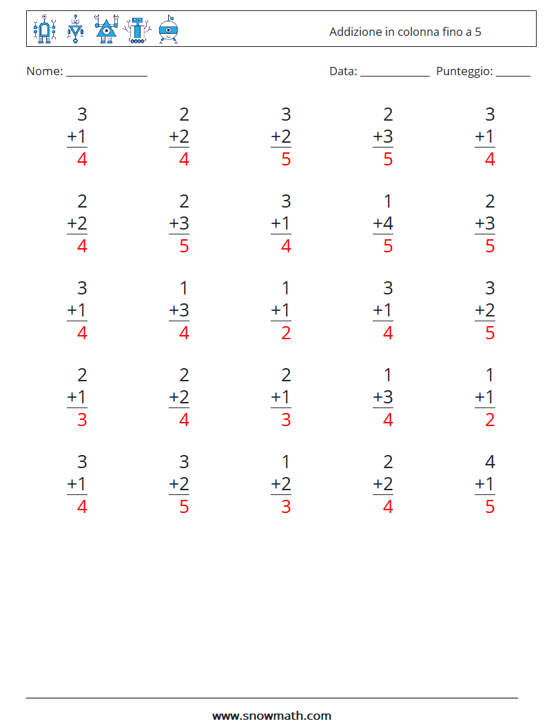 (25) Addizione in colonna fino a 5 Fogli di lavoro di matematica 1 Domanda, Risposta