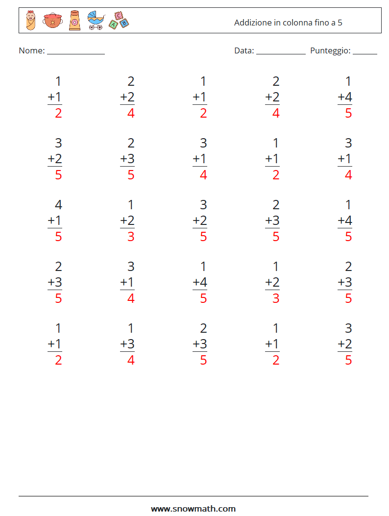 (25) Addizione in colonna fino a 5 Fogli di lavoro di matematica 2 Domanda, Risposta