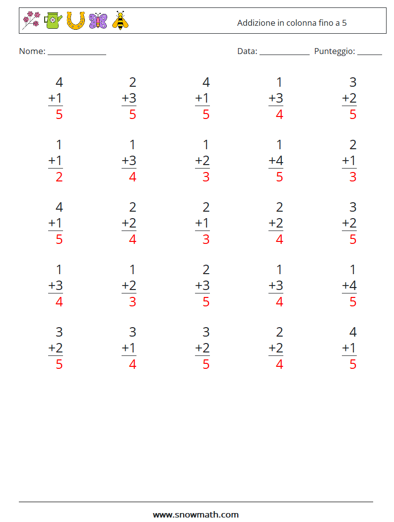 (25) Addizione in colonna fino a 5 Fogli di lavoro di matematica 3 Domanda, Risposta