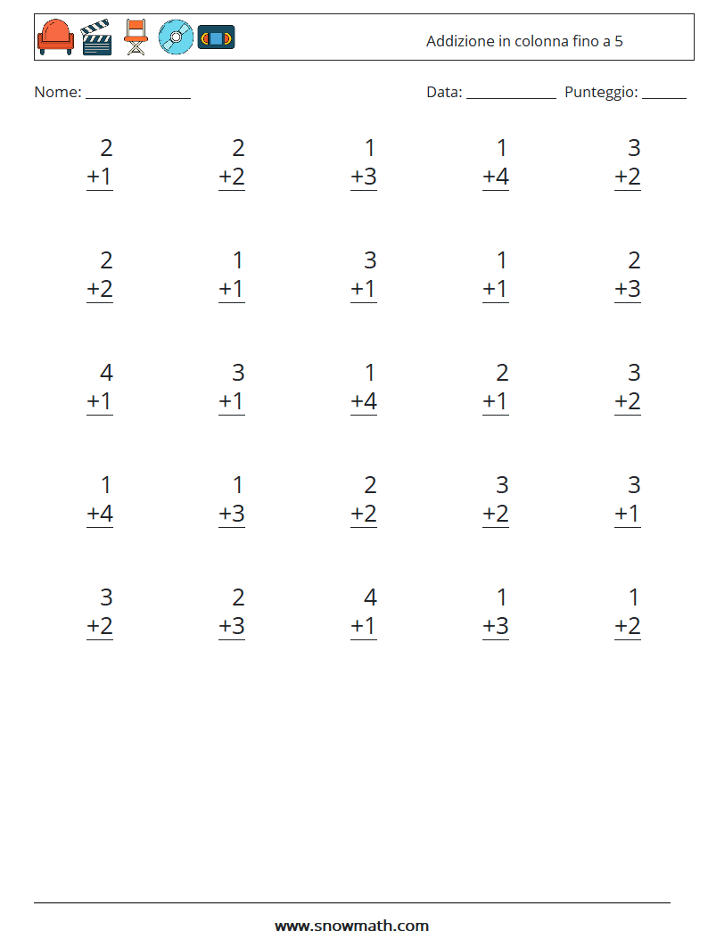 (25) Addizione in colonna fino a 5 Fogli di lavoro di matematica 4