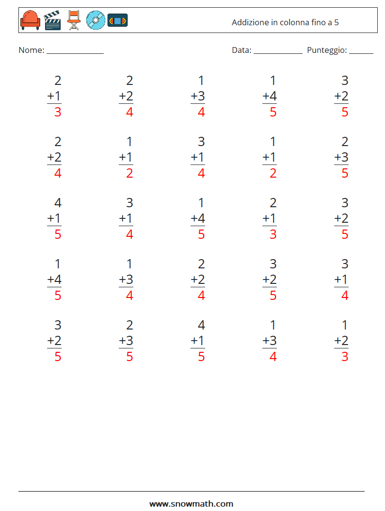 (25) Addizione in colonna fino a 5 Fogli di lavoro di matematica 4 Domanda, Risposta