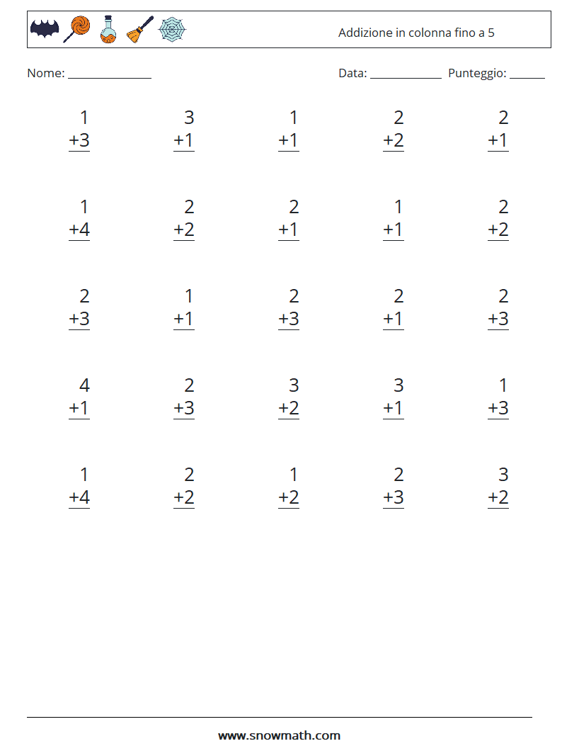 (25) Addizione in colonna fino a 5 Fogli di lavoro di matematica 5