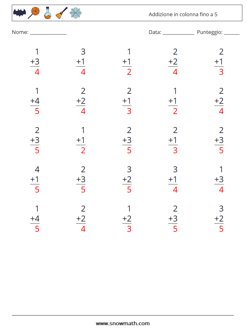 (25) Addizione in colonna fino a 5 Fogli di lavoro di matematica 5 Domanda, Risposta
