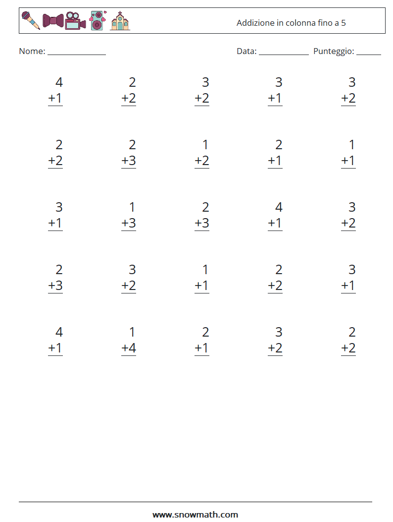 (25) Addizione in colonna fino a 5 Fogli di lavoro di matematica 6