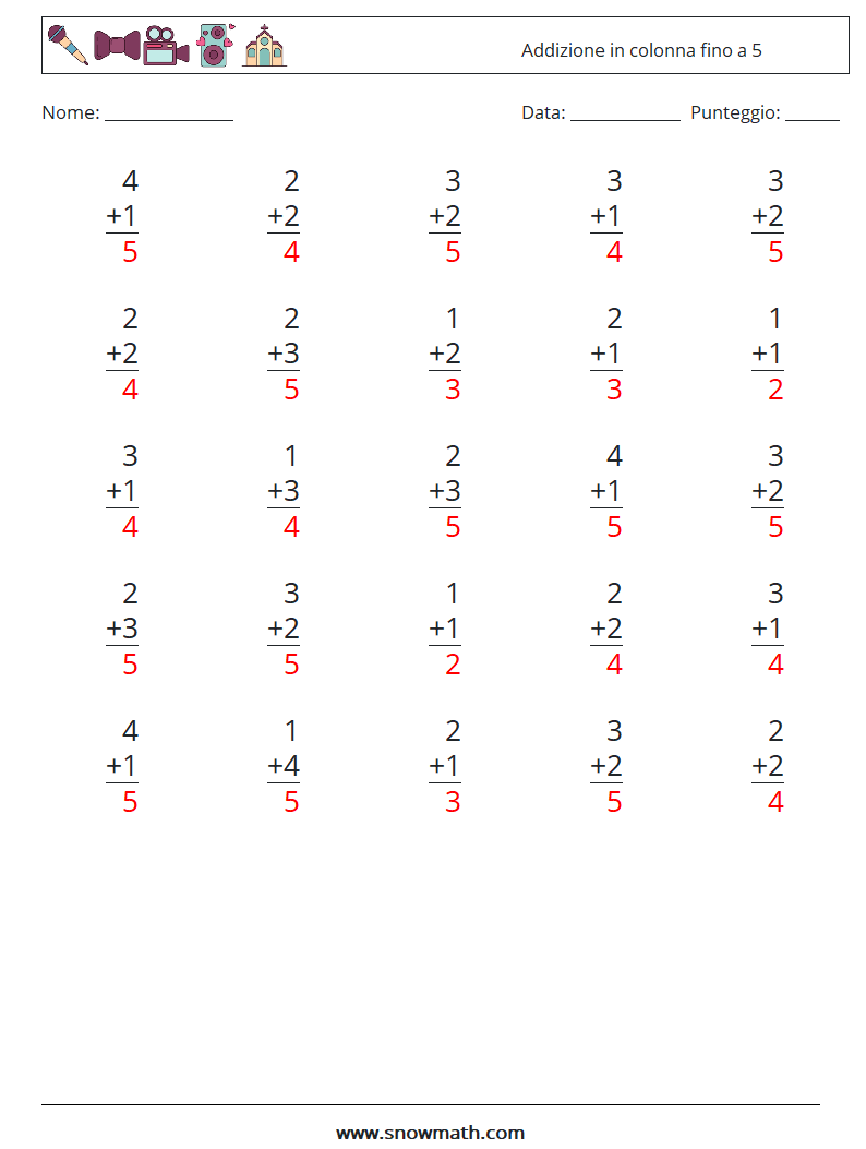 (25) Addizione in colonna fino a 5 Fogli di lavoro di matematica 6 Domanda, Risposta