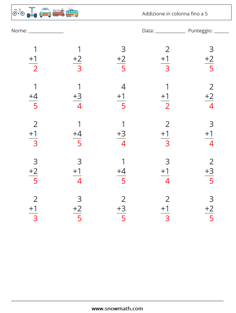 (25) Addizione in colonna fino a 5 Fogli di lavoro di matematica 8 Domanda, Risposta
