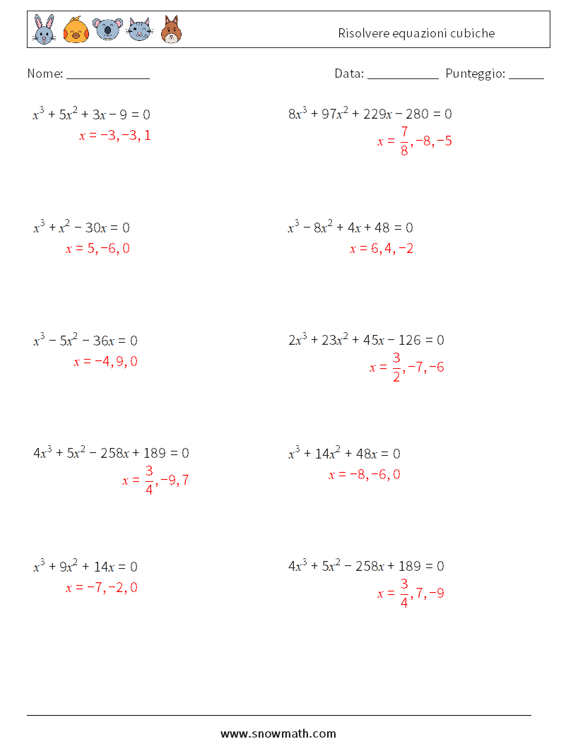 Risolvere equazioni cubiche Fogli di lavoro di matematica 1 Domanda, Risposta