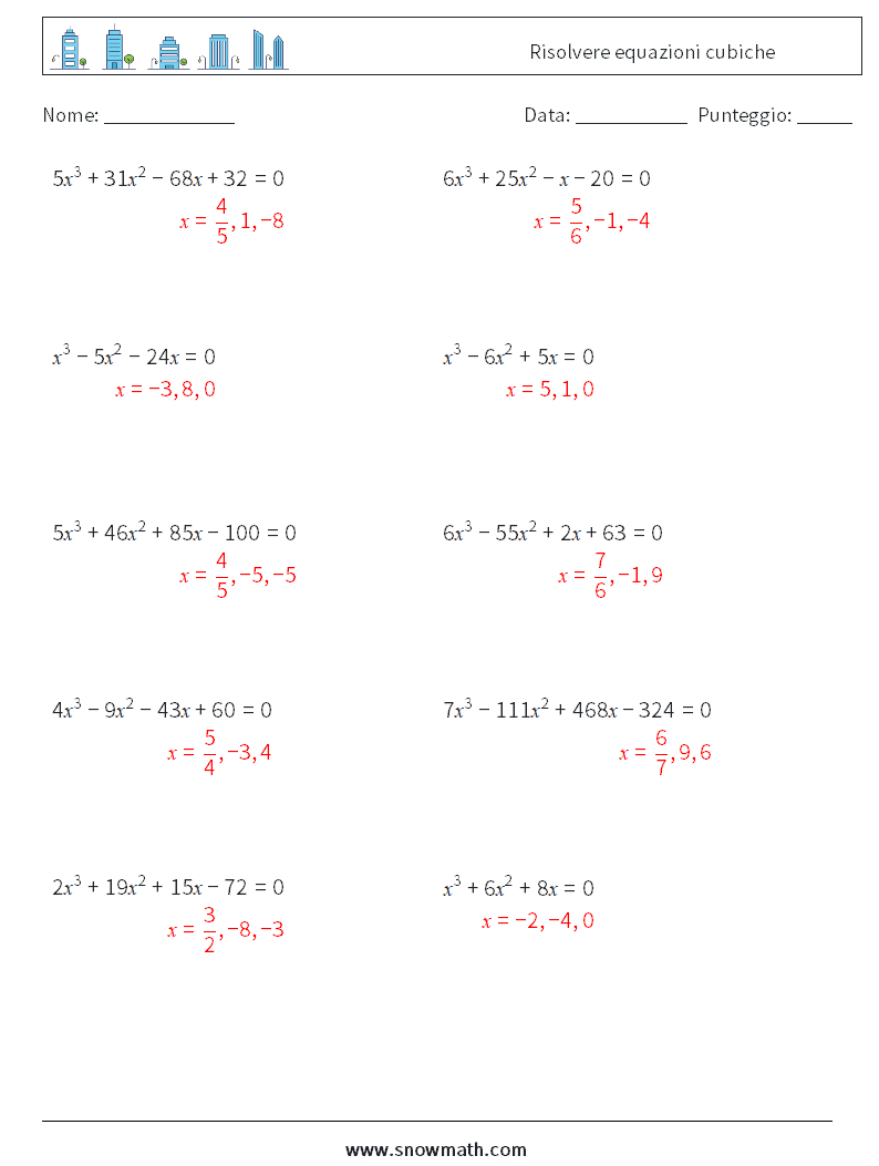 Risolvere equazioni cubiche Fogli di lavoro di matematica 2 Domanda, Risposta