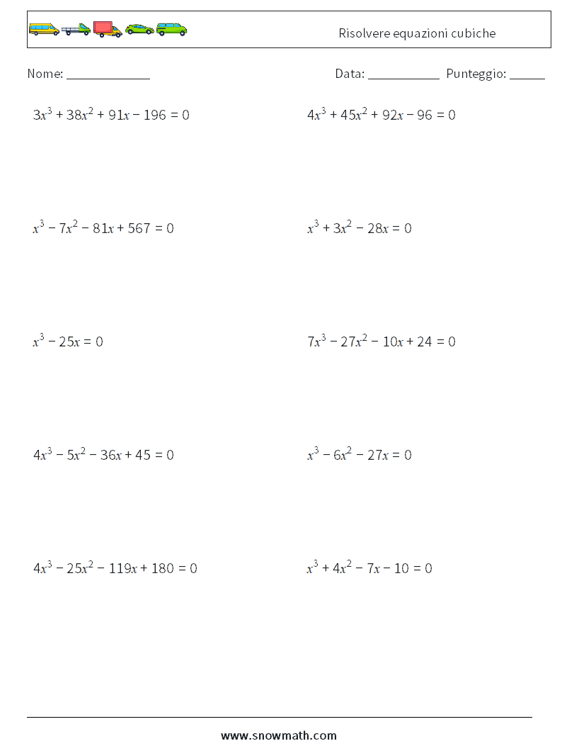 Risolvere equazioni cubiche Fogli di lavoro di matematica 3