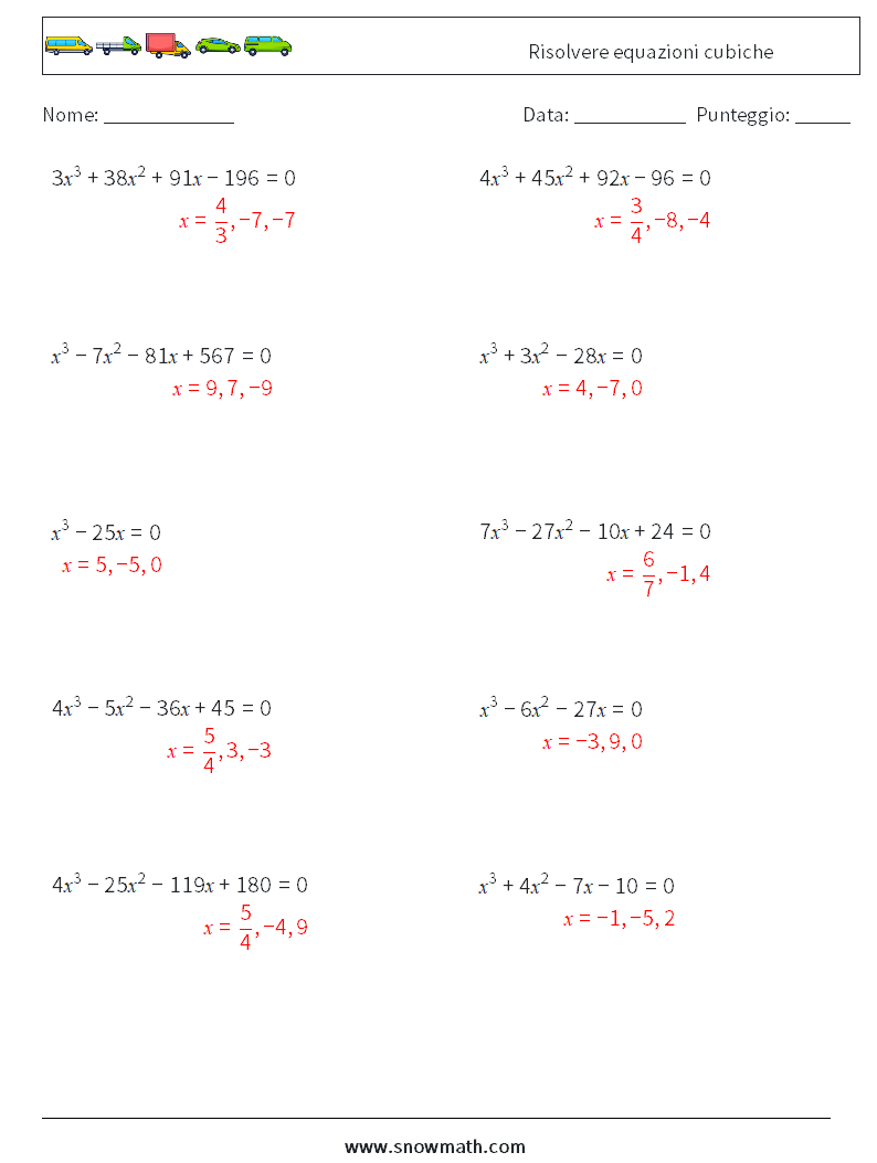 Risolvere equazioni cubiche Fogli di lavoro di matematica 3 Domanda, Risposta