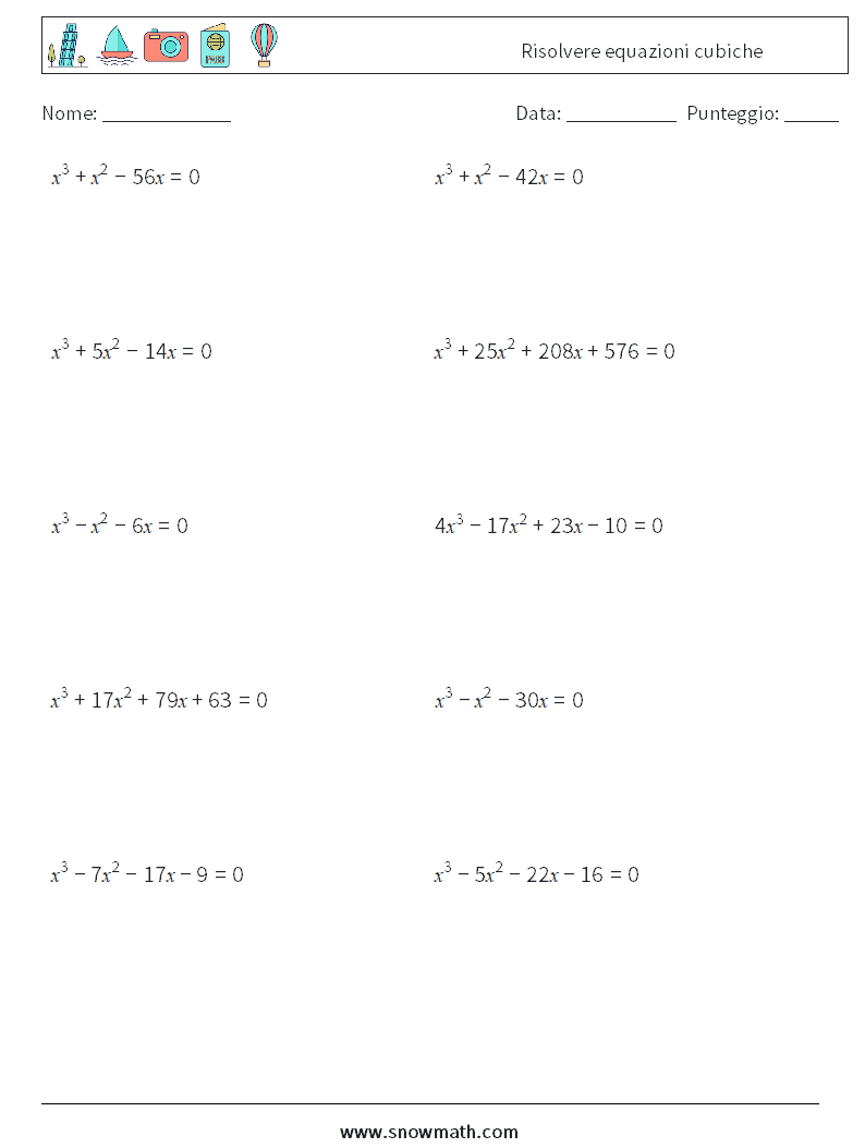 Risolvere equazioni cubiche Fogli di lavoro di matematica 4