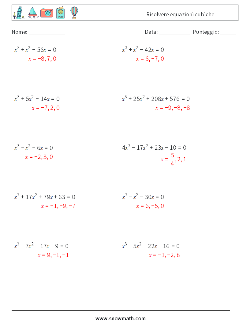 Risolvere equazioni cubiche Fogli di lavoro di matematica 4 Domanda, Risposta
