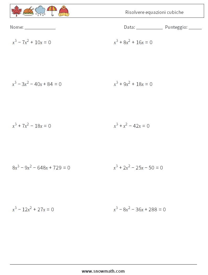 Risolvere equazioni cubiche Fogli di lavoro di matematica 5