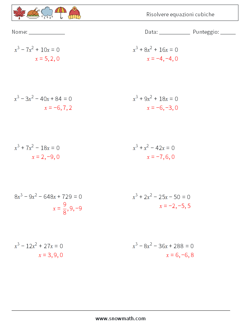 Risolvere equazioni cubiche Fogli di lavoro di matematica 5 Domanda, Risposta