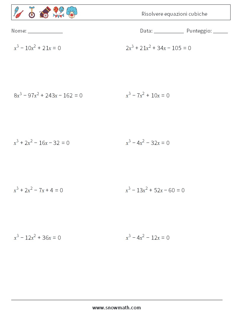 Risolvere equazioni cubiche Fogli di lavoro di matematica 6