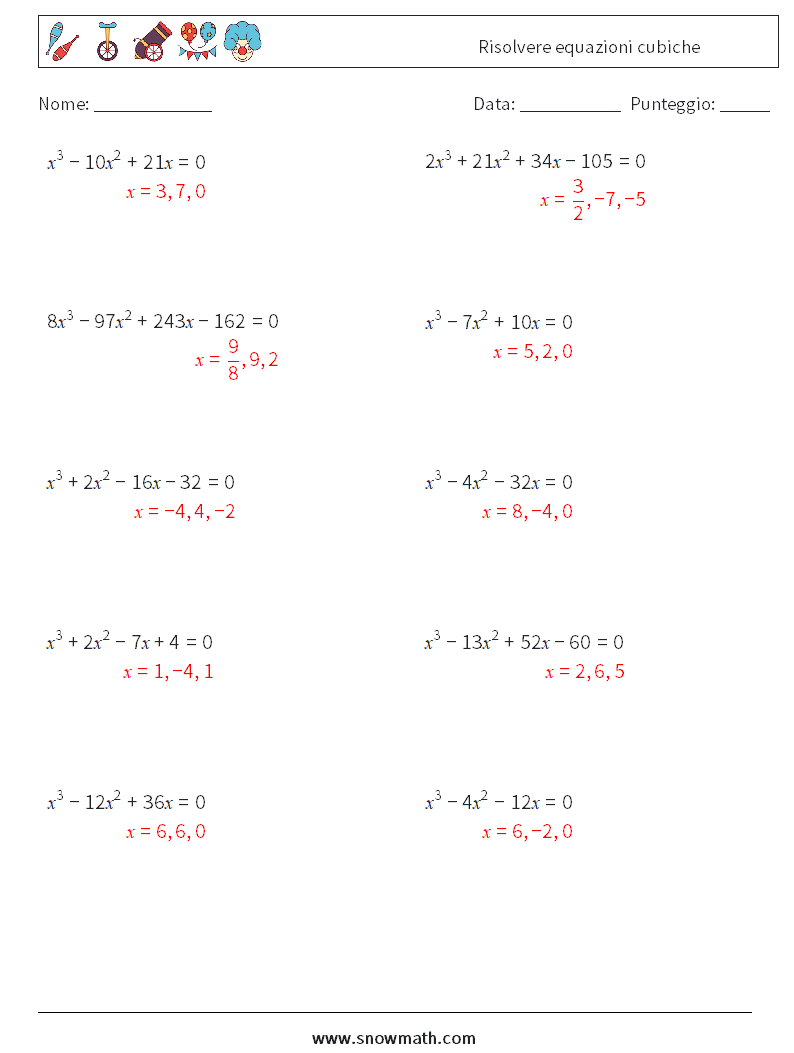 Risolvere equazioni cubiche Fogli di lavoro di matematica 6 Domanda, Risposta
