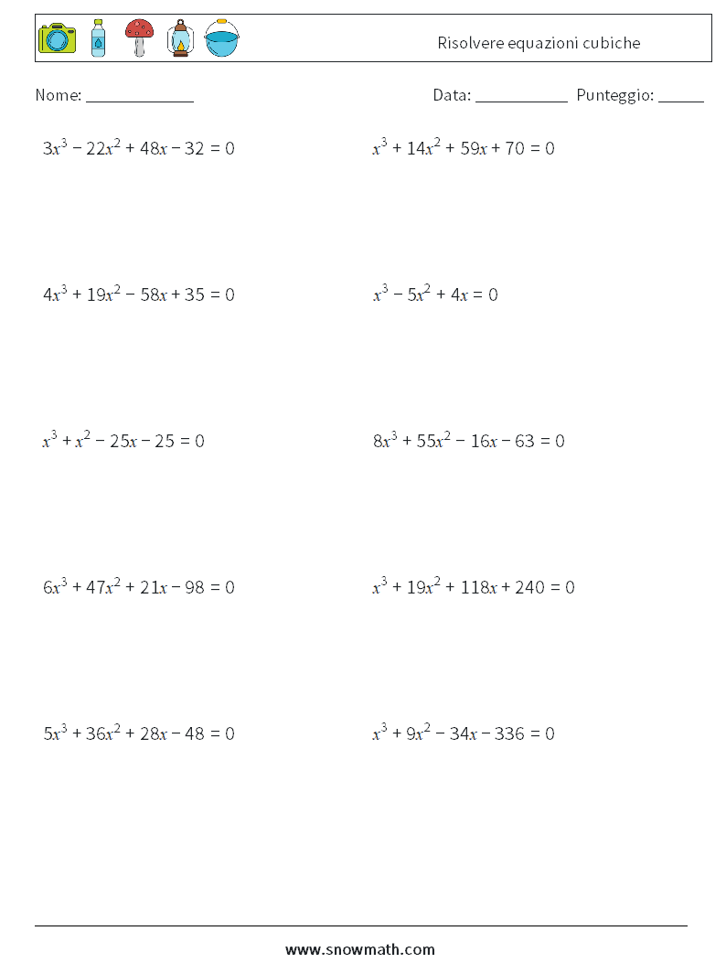 Risolvere equazioni cubiche Fogli di lavoro di matematica 7