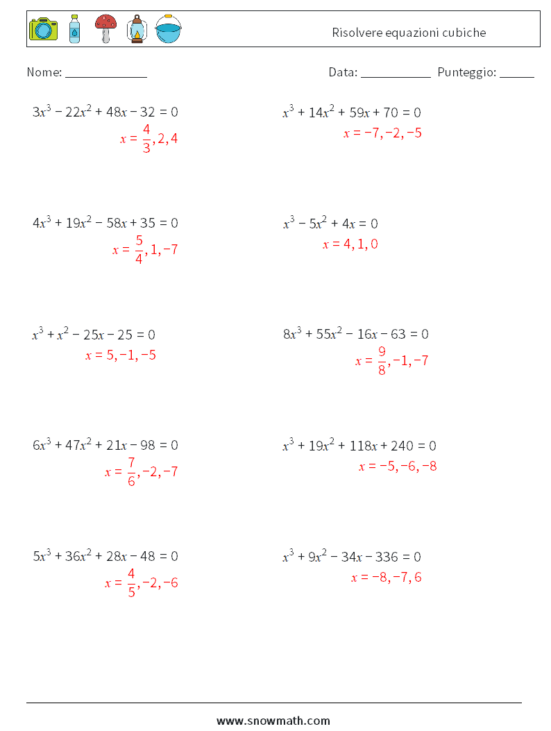 Risolvere equazioni cubiche Fogli di lavoro di matematica 7 Domanda, Risposta