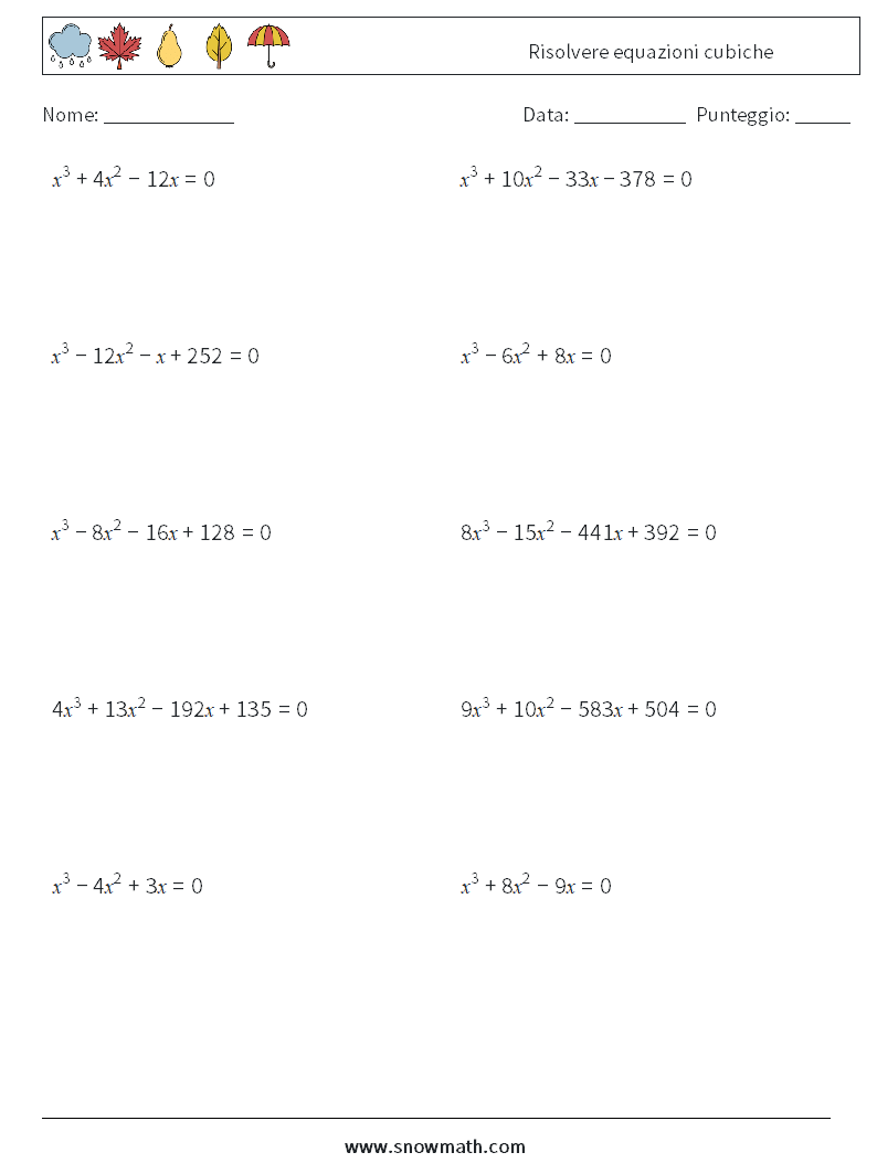 Risolvere equazioni cubiche Fogli di lavoro di matematica 8