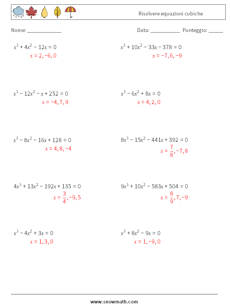 Risolvere equazioni cubiche Fogli di lavoro di matematica 8 Domanda, Risposta