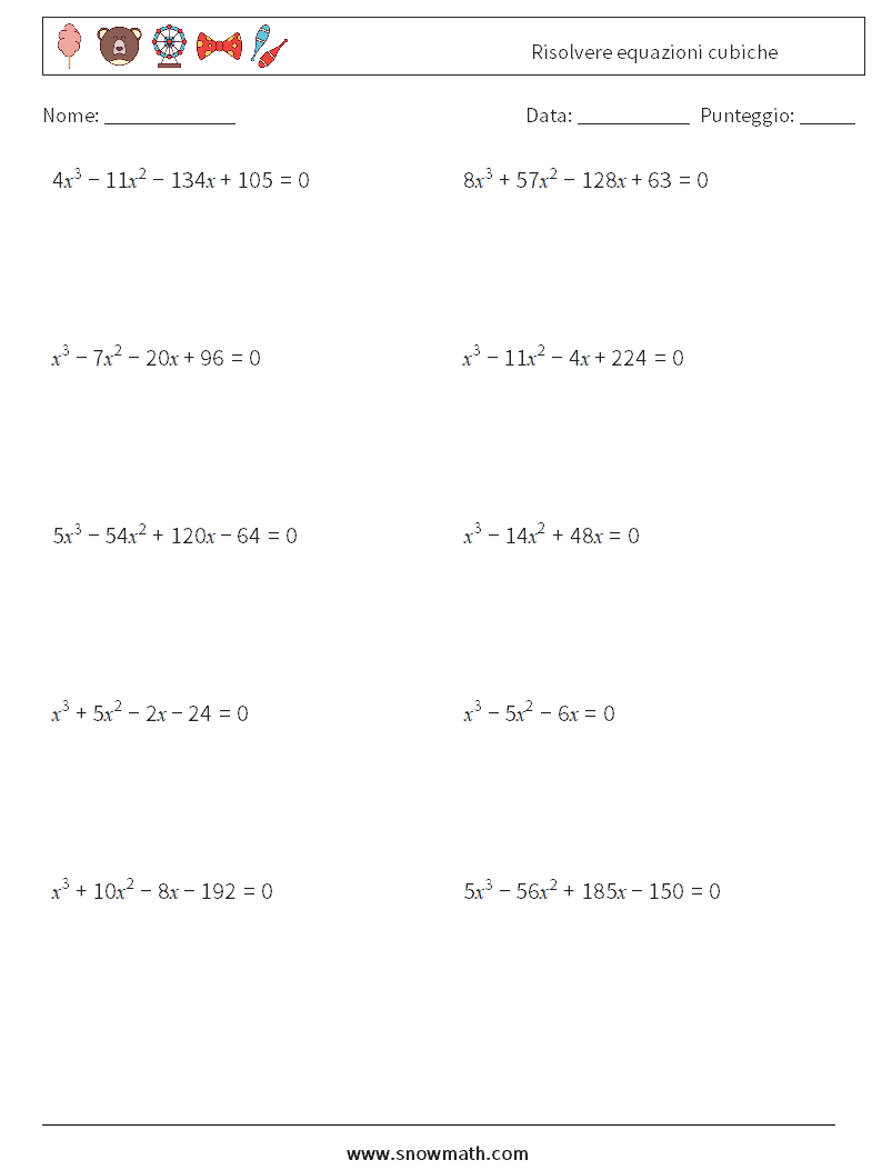 Risolvere equazioni cubiche Fogli di lavoro di matematica 9
