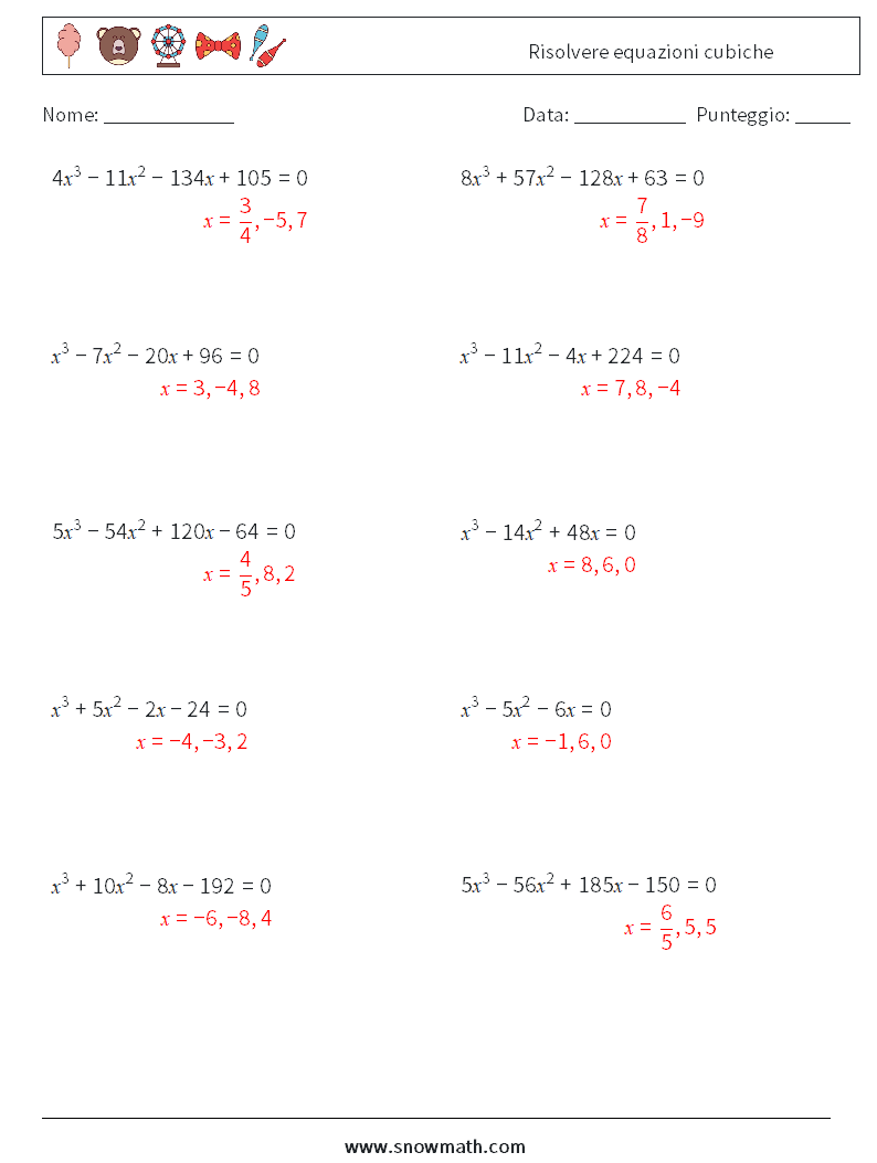 Risolvere equazioni cubiche Fogli di lavoro di matematica 9 Domanda, Risposta