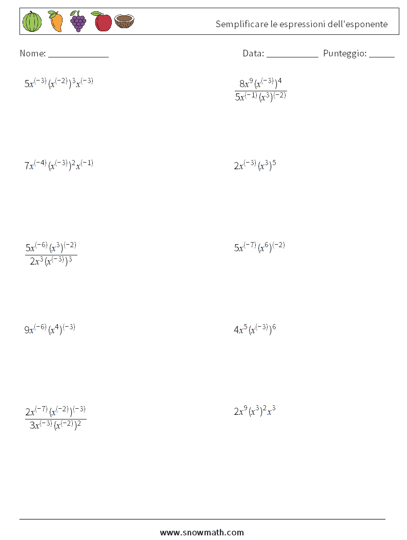  Semplificare le espressioni dell'esponente Fogli di lavoro di matematica 5