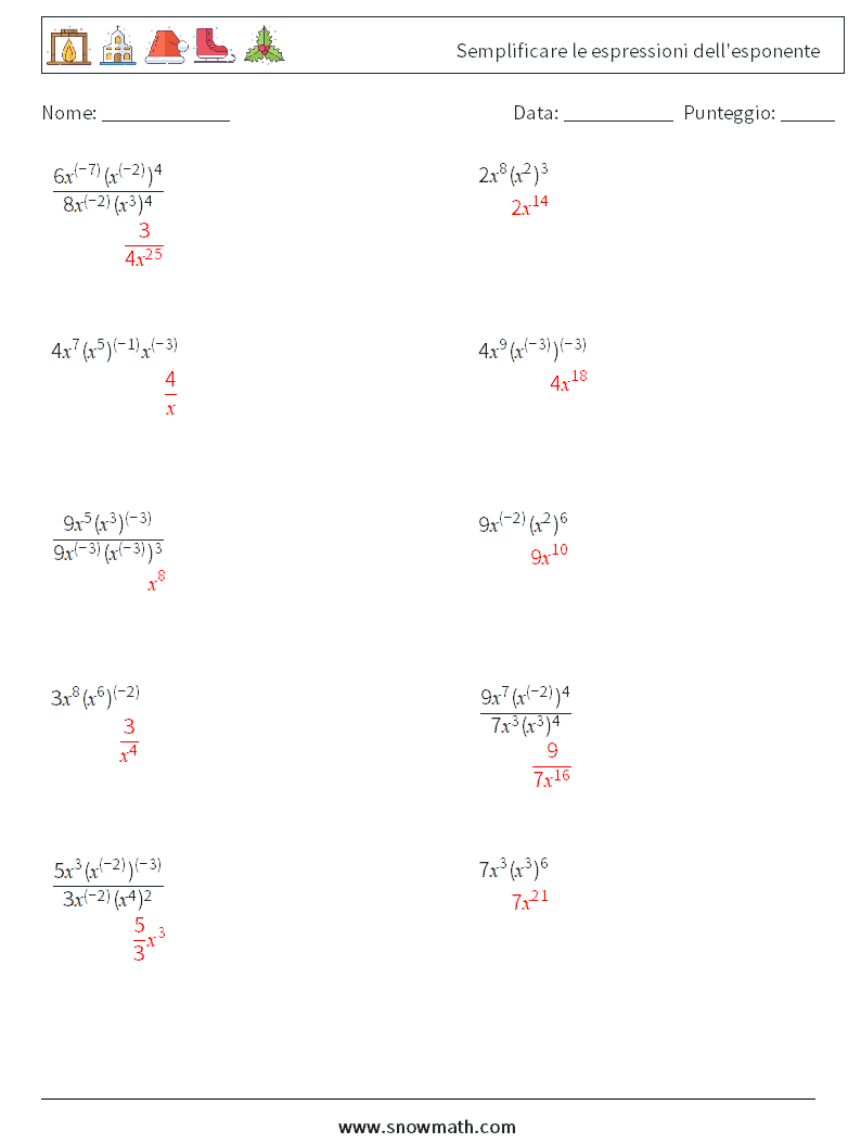  Semplificare le espressioni dell'esponente Fogli di lavoro di matematica 7 Domanda, Risposta
