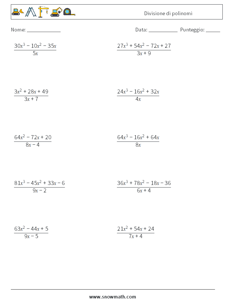 Divisione di polinomi Fogli di lavoro di matematica 2