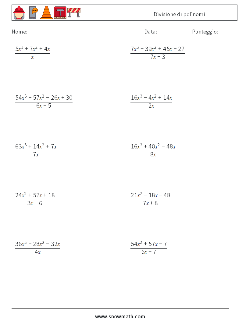 Divisione di polinomi Fogli di lavoro di matematica 3