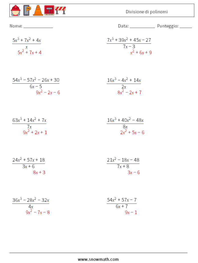 Divisione di polinomi Fogli di lavoro di matematica 3 Domanda, Risposta