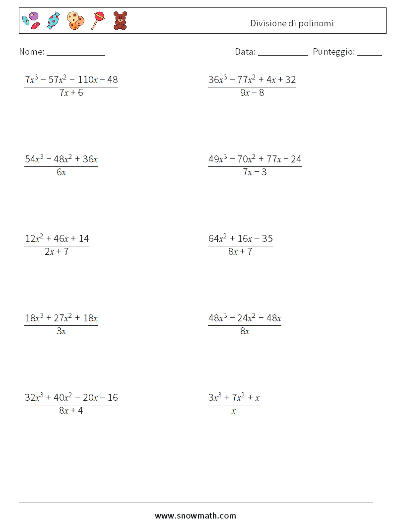 Divisione di polinomi Fogli di lavoro di matematica 4