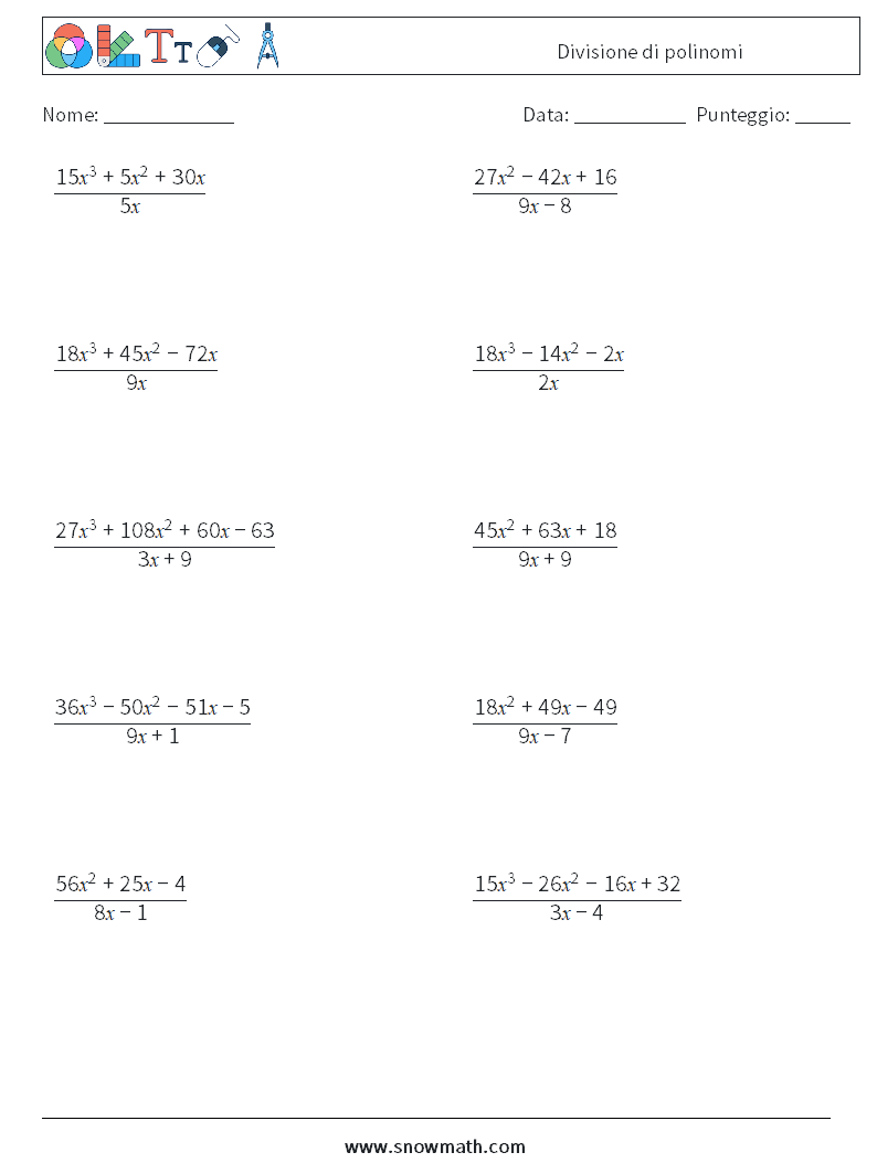 Divisione di polinomi Fogli di lavoro di matematica 5
