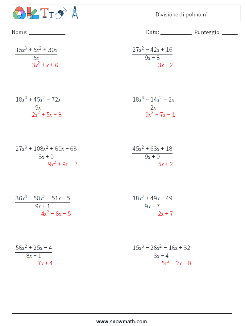 Divisione di polinomi Fogli di lavoro di matematica 5 Domanda, Risposta