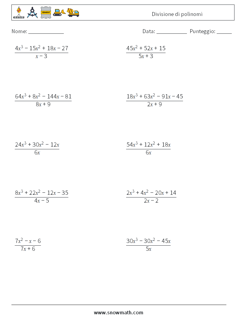 Divisione di polinomi Fogli di lavoro di matematica 6