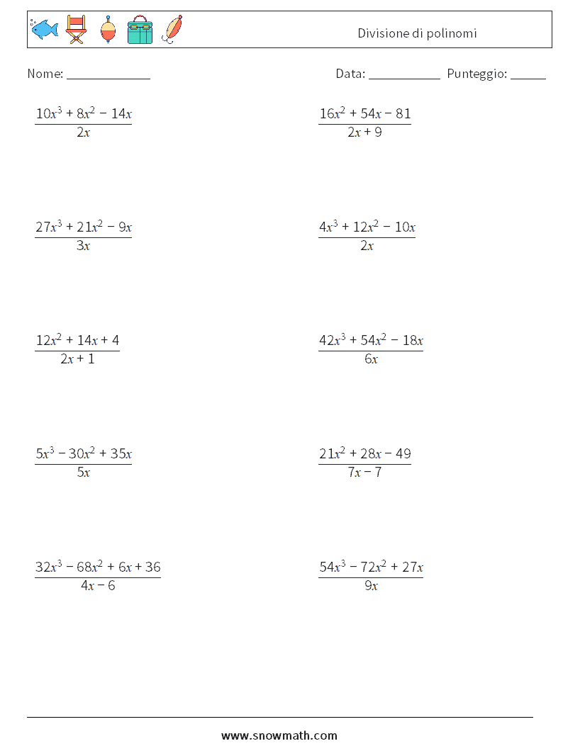 Divisione di polinomi Fogli di lavoro di matematica 7