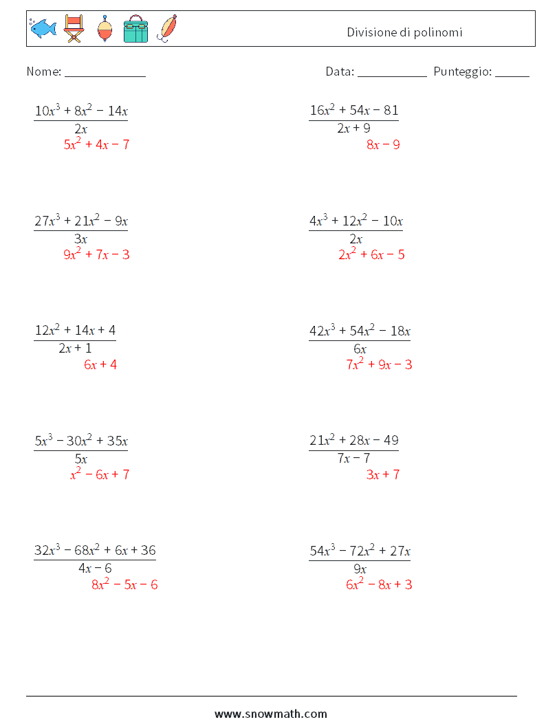 Divisione di polinomi Fogli di lavoro di matematica 7 Domanda, Risposta