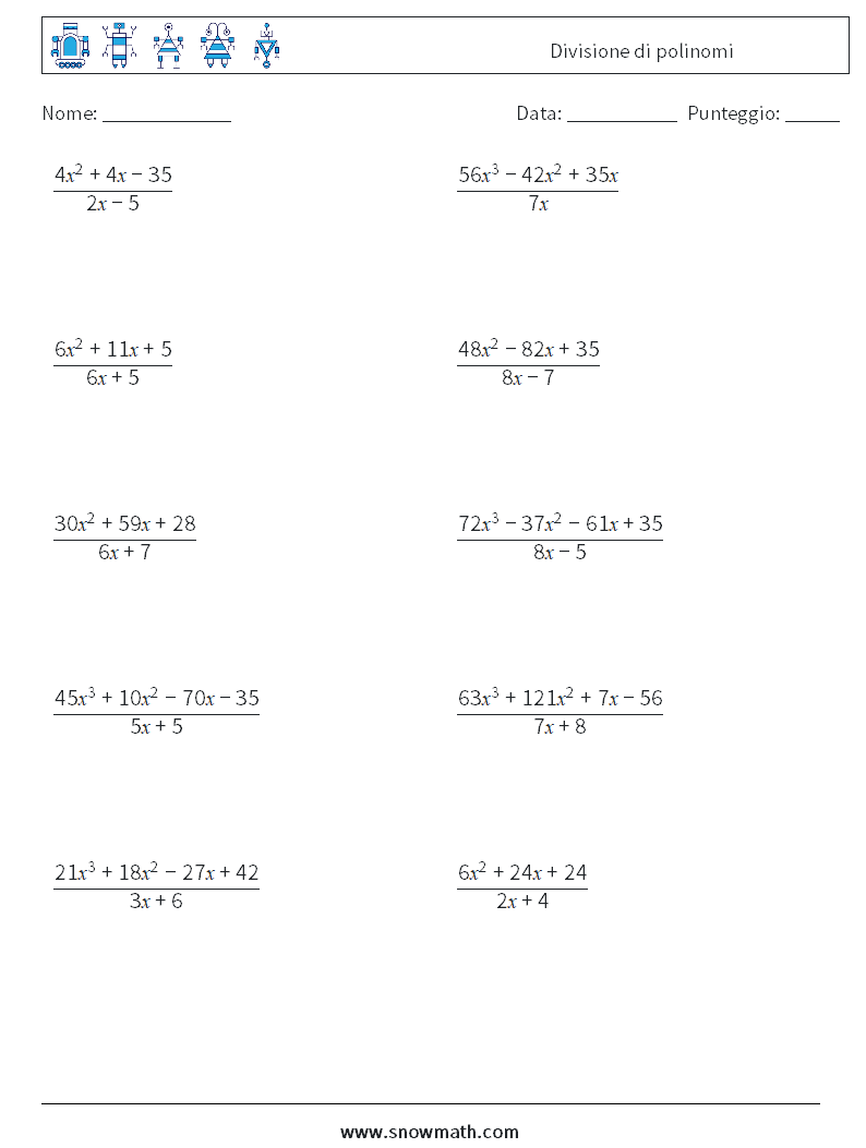 Divisione di polinomi Fogli di lavoro di matematica 8