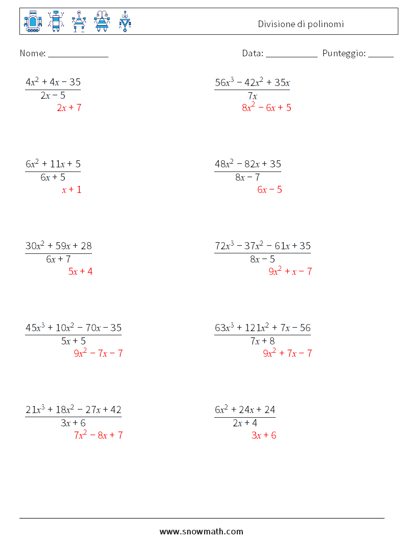 Divisione di polinomi Fogli di lavoro di matematica 8 Domanda, Risposta