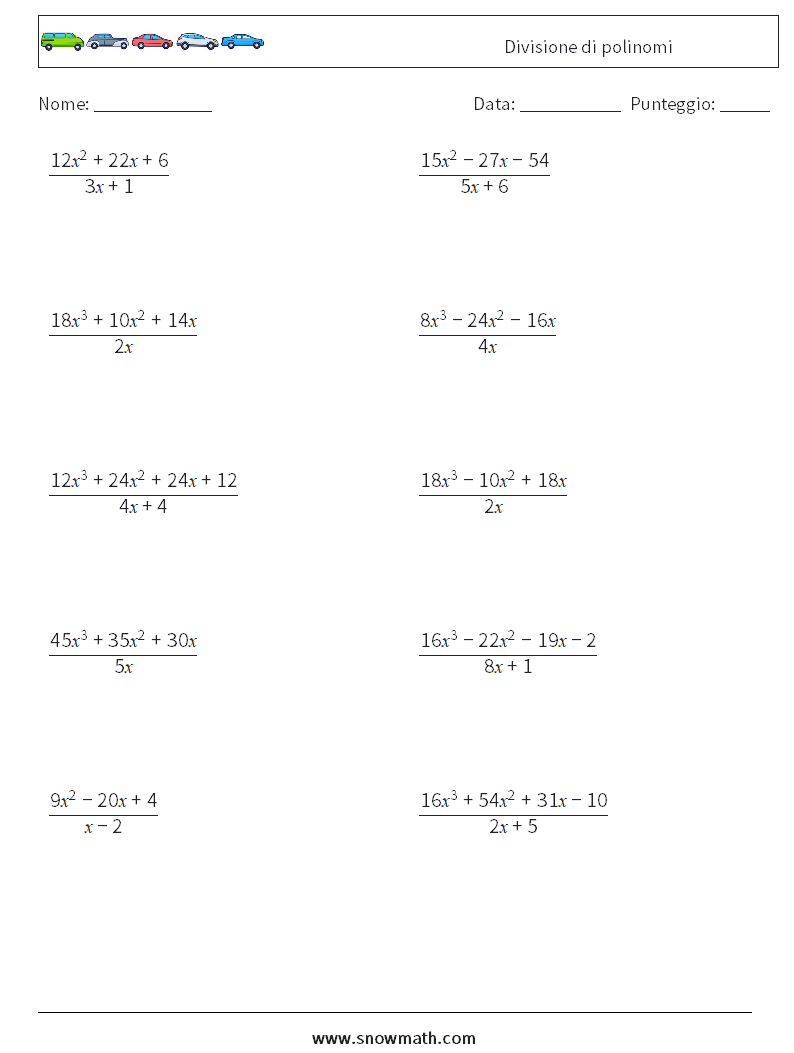 Divisione di polinomi Fogli di lavoro di matematica 9