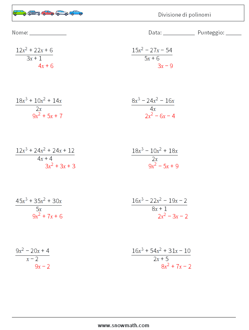 Divisione di polinomi Fogli di lavoro di matematica 9 Domanda, Risposta