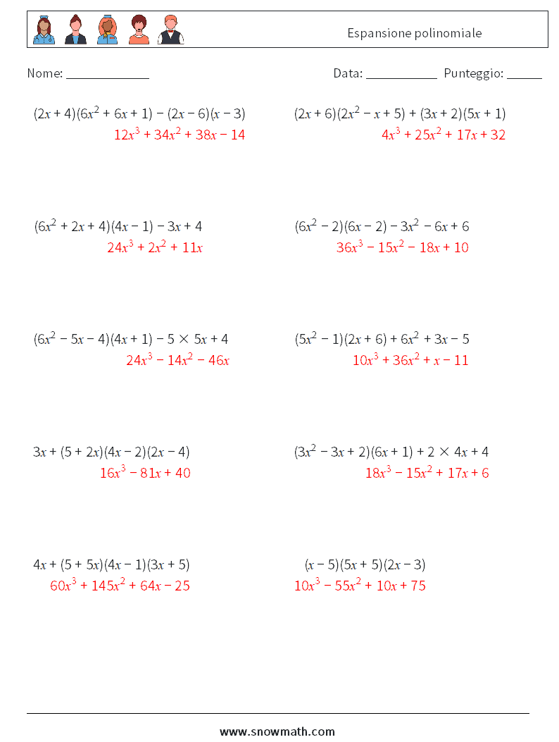 Espansione polinomiale Fogli di lavoro di matematica 4 Domanda, Risposta