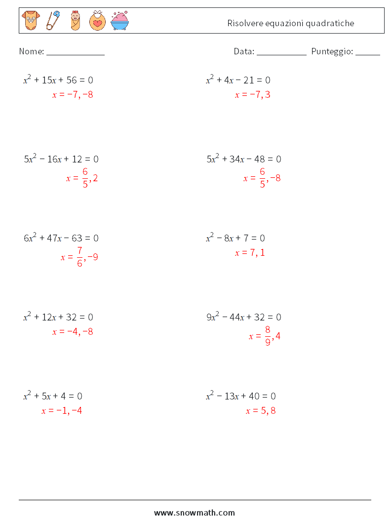 Risolvere equazioni quadratiche Fogli di lavoro di matematica 3 Domanda, Risposta
