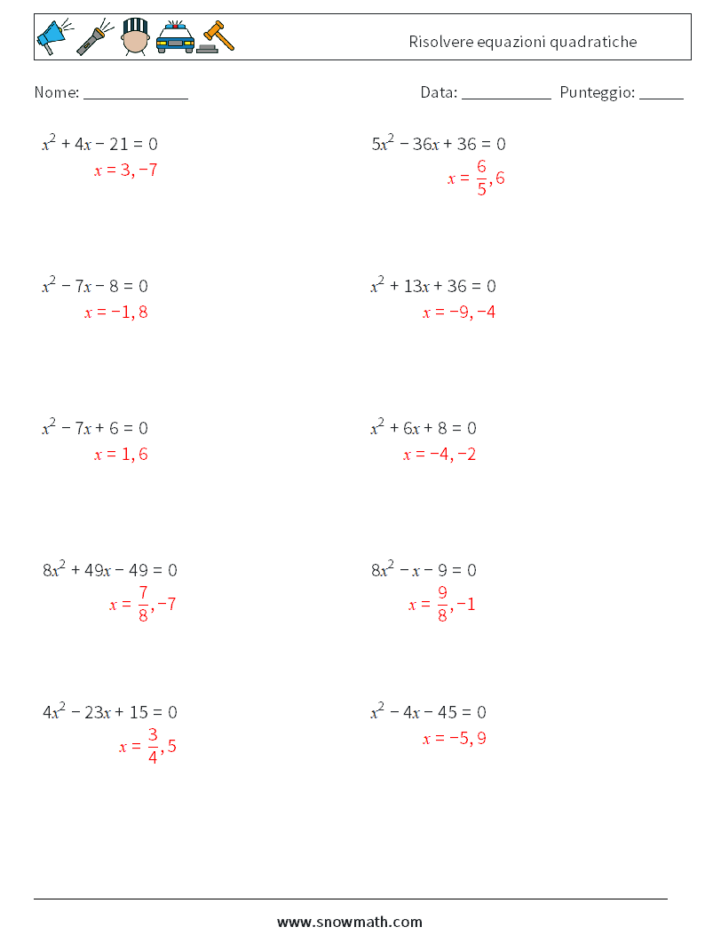 Risolvere equazioni quadratiche Fogli di lavoro di matematica 5 Domanda, Risposta