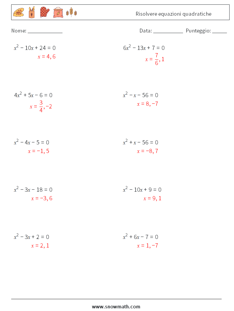 Risolvere equazioni quadratiche Fogli di lavoro di matematica 7 Domanda, Risposta