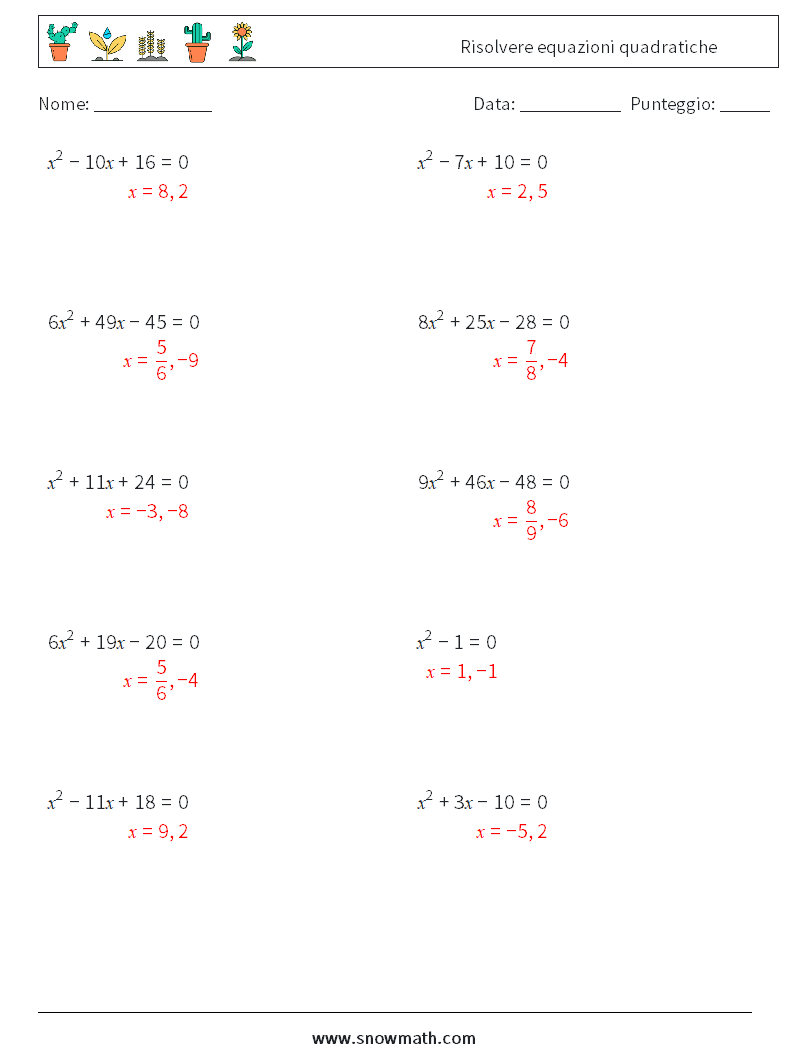 Risolvere equazioni quadratiche Fogli di lavoro di matematica 9 Domanda, Risposta