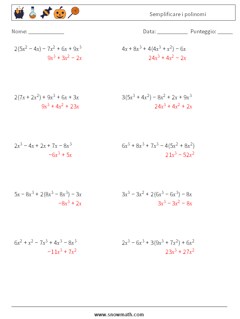 Semplificare i polinomi Fogli di lavoro di matematica 1 Domanda, Risposta