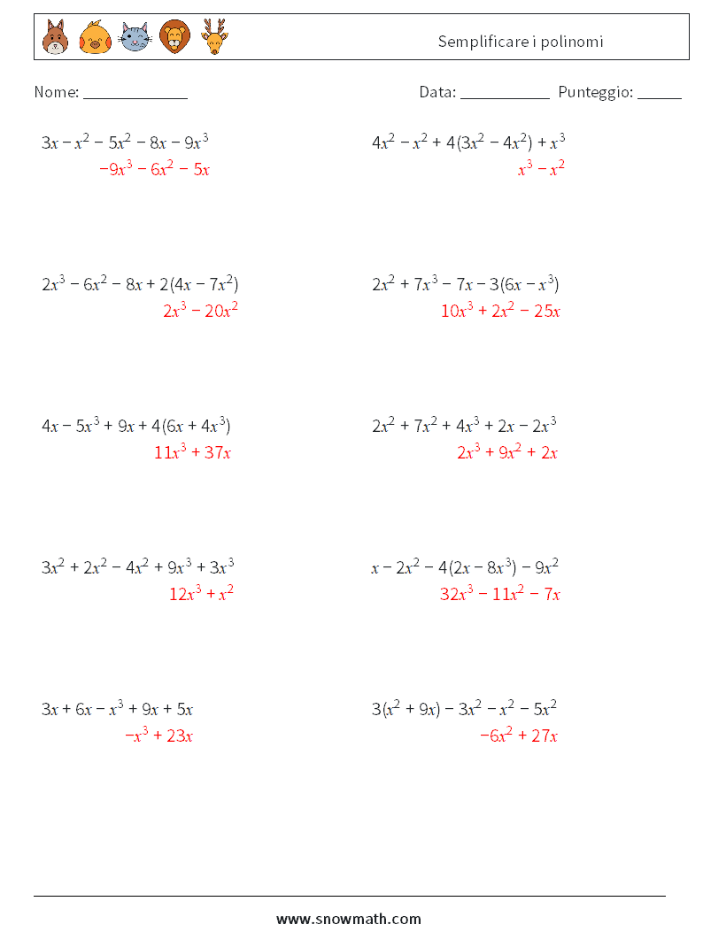 Semplificare i polinomi Fogli di lavoro di matematica 2 Domanda, Risposta